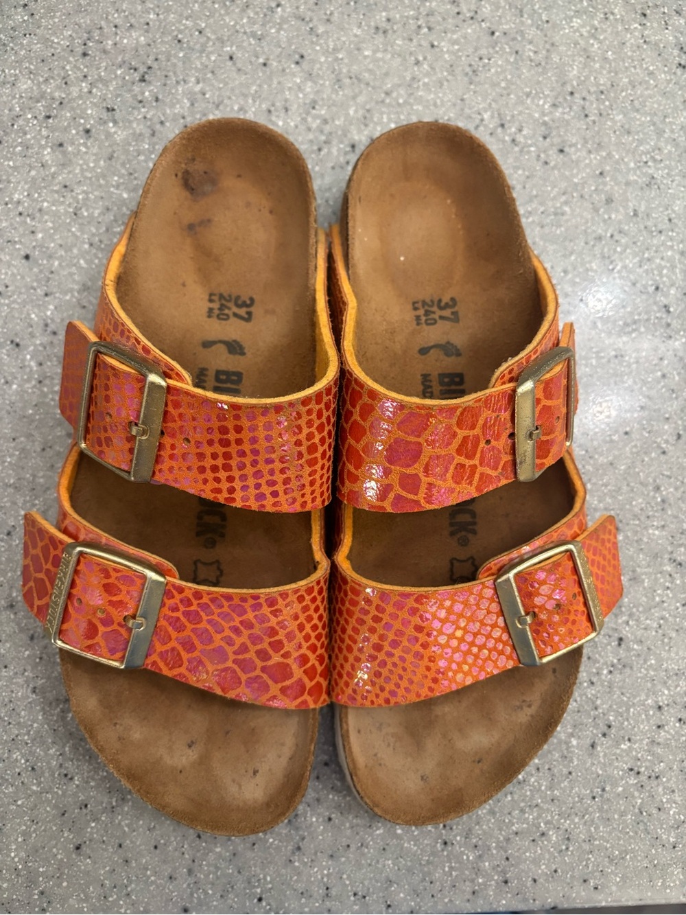 Birkenstock Women’s Orange-Pink Snakeskin Arizona Sandals